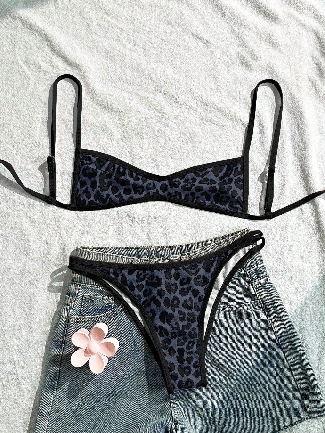 Swim Mod Women's Dark Green Leopard Print Bikini Set,2 Pieces Backless Tie-Front Swimwear For Summer,Casual Beach Holiday Vacation,Boho Elegant Outfits