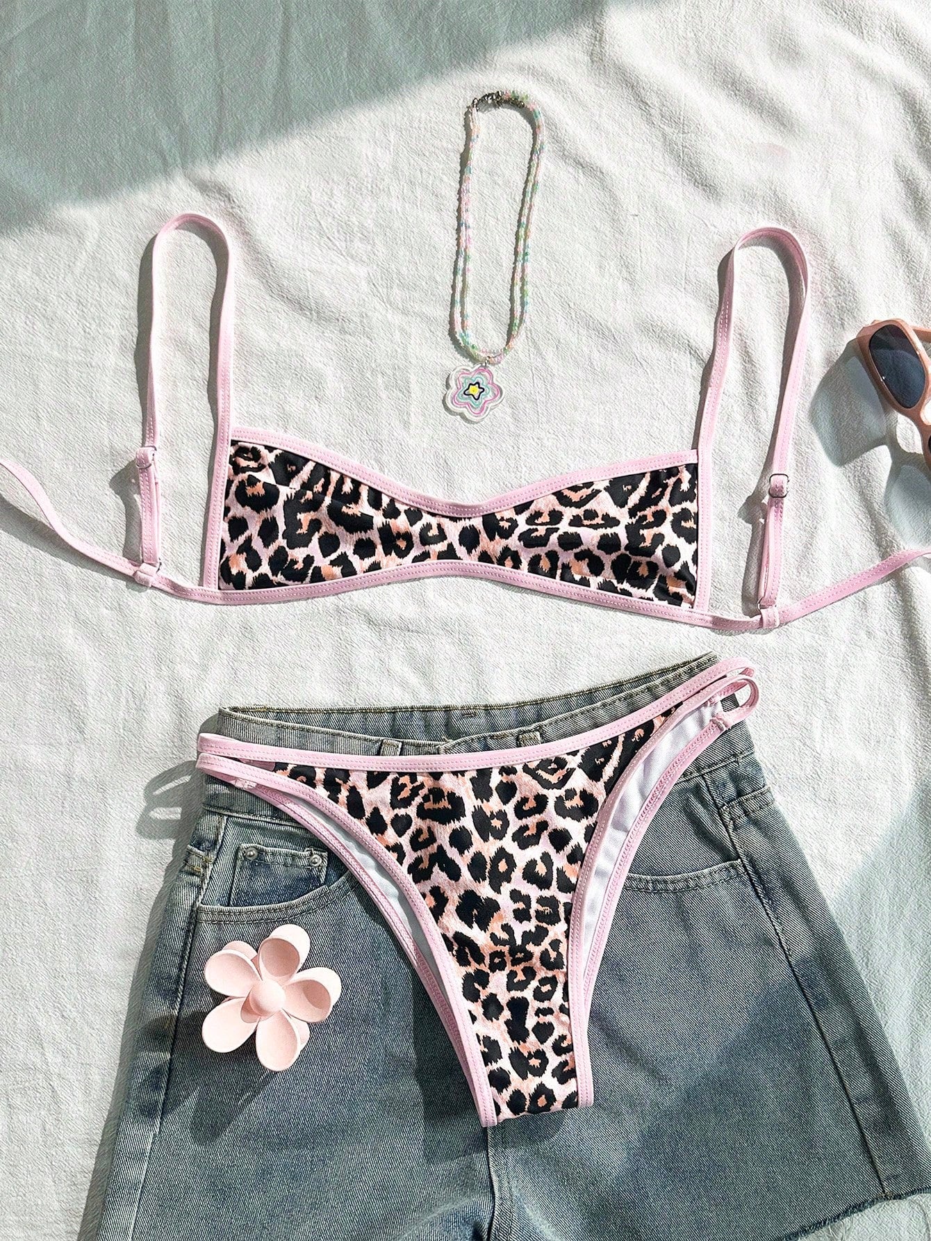 Swim Mod Women's Dark Green Leopard Print Bikini Set,2 Pieces Backless Tie-Front Swimwear For Summer,Casual Beach Holiday Vacation,Boho Elegant Outfits