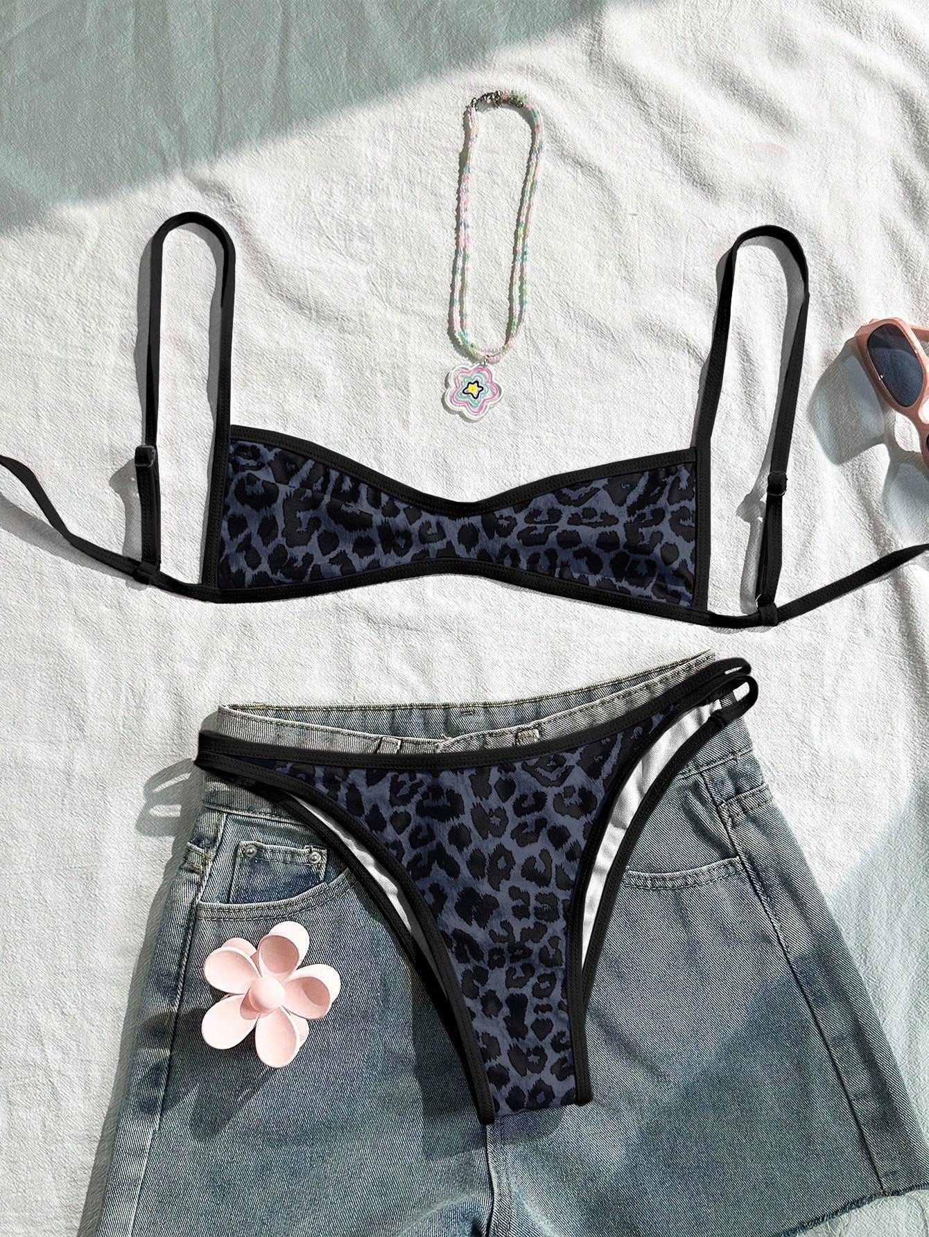 Swim Mod Women's Dark Green Leopard Print Bikini Set,2 Pieces Backless Tie-Front Swimwear For Summer,Casual Beach Holiday Vacation,Boho Elegant Outfits