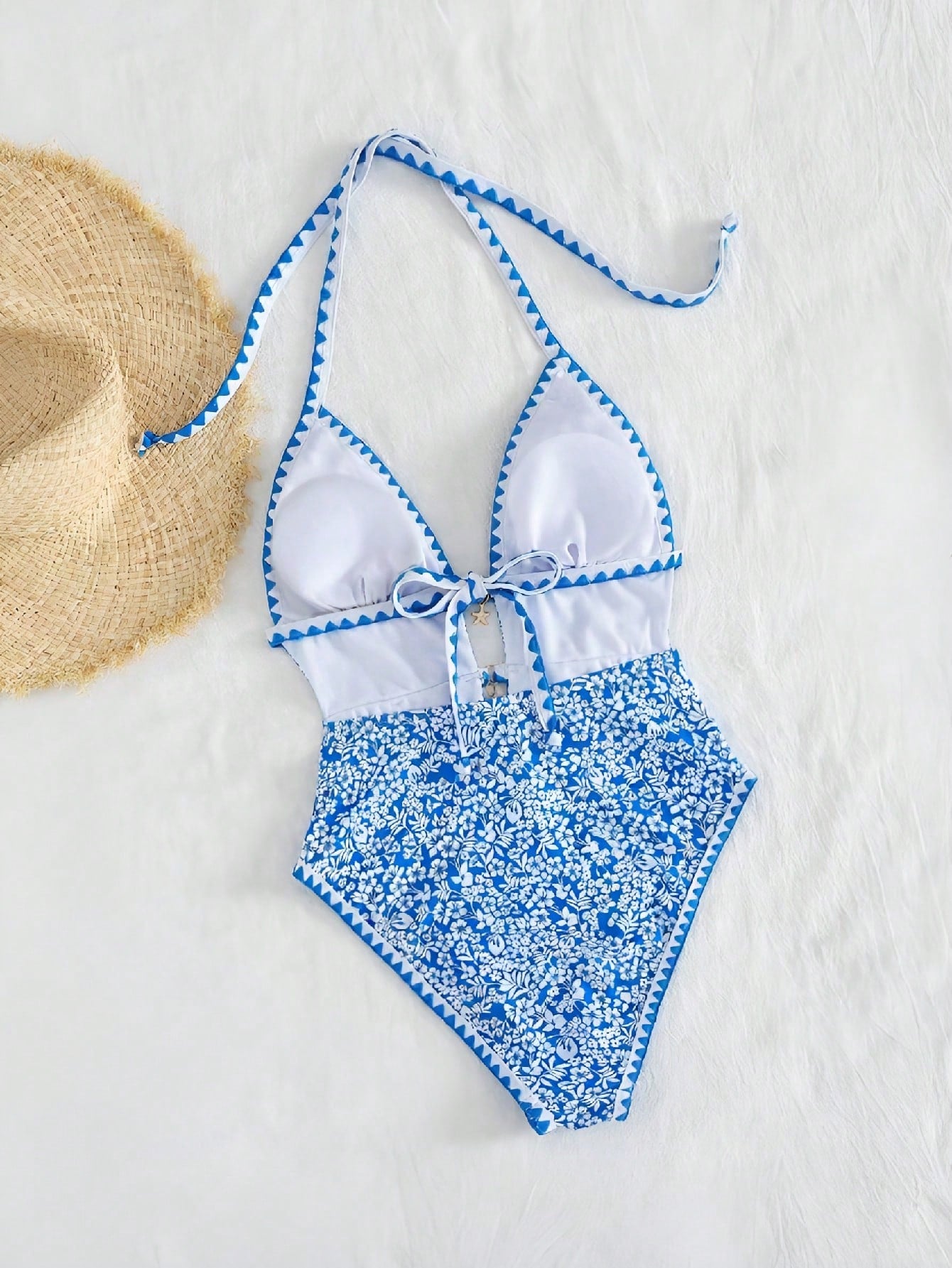 Swim Mod Women's Elegant Blue Floral One Piece Swimsuit,Summer Boho Beach Holiday Halter Monokini With Starfish Charm & Zigzag Trim,Flattering Cutout Monokini