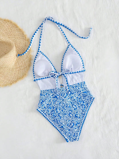 Swim Mod Women's Elegant Blue Floral One Piece Swimsuit,Summer Boho Beach Holiday Halter Monokini With Starfish Charm & Zigzag Trim,Flattering Cutout Monokini