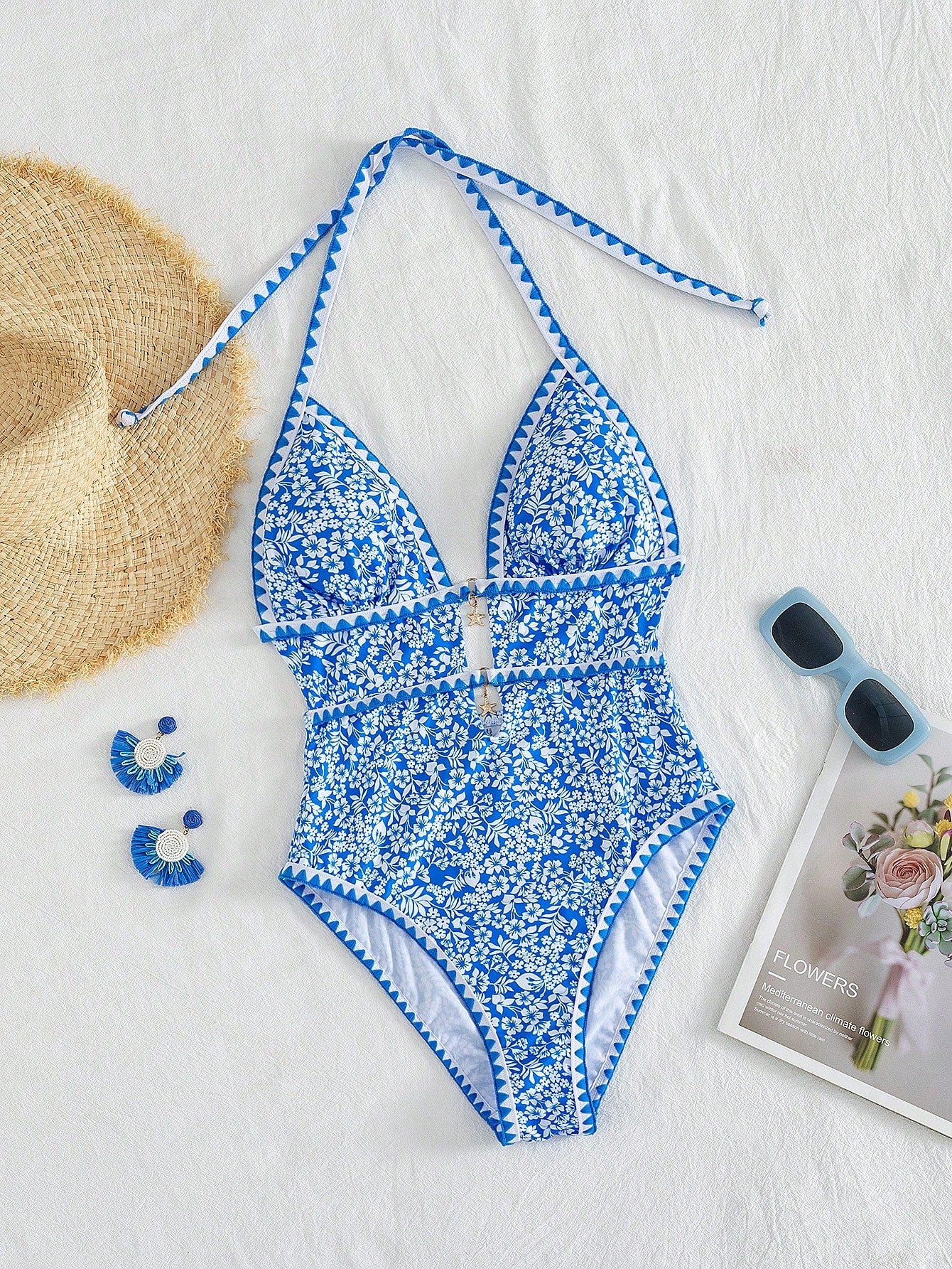 Swim Mod Women's Elegant Blue Floral One Piece Swimsuit,Summer Boho Beach Holiday Halter Monokini With Starfish Charm & Zigzag Trim,Flattering Cutout Monokini