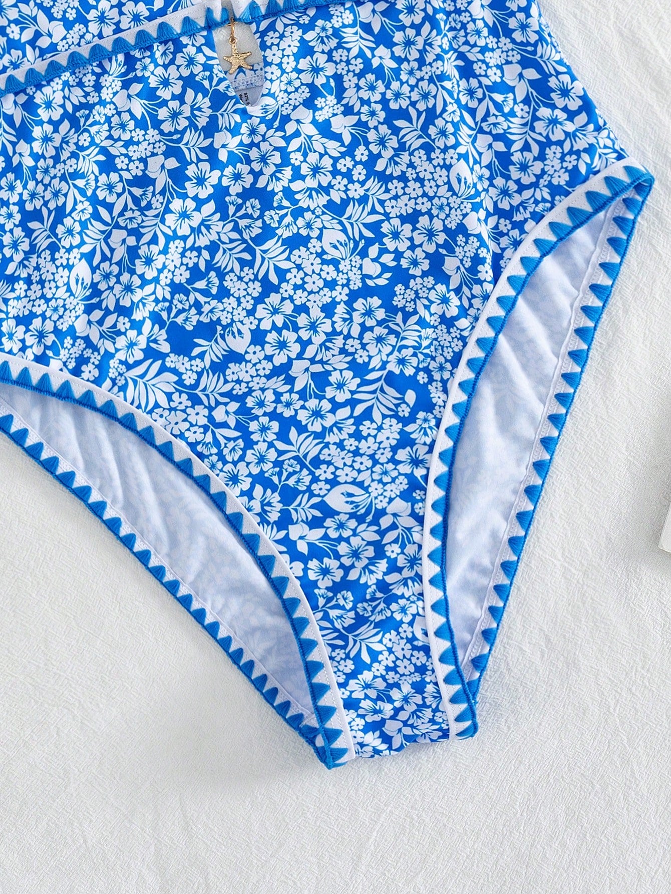 Swim Mod Women's Elegant Blue Floral One Piece Swimsuit,Summer Boho Beach Holiday Halter Monokini With Starfish Charm & Zigzag Trim,Flattering Cutout Monokini