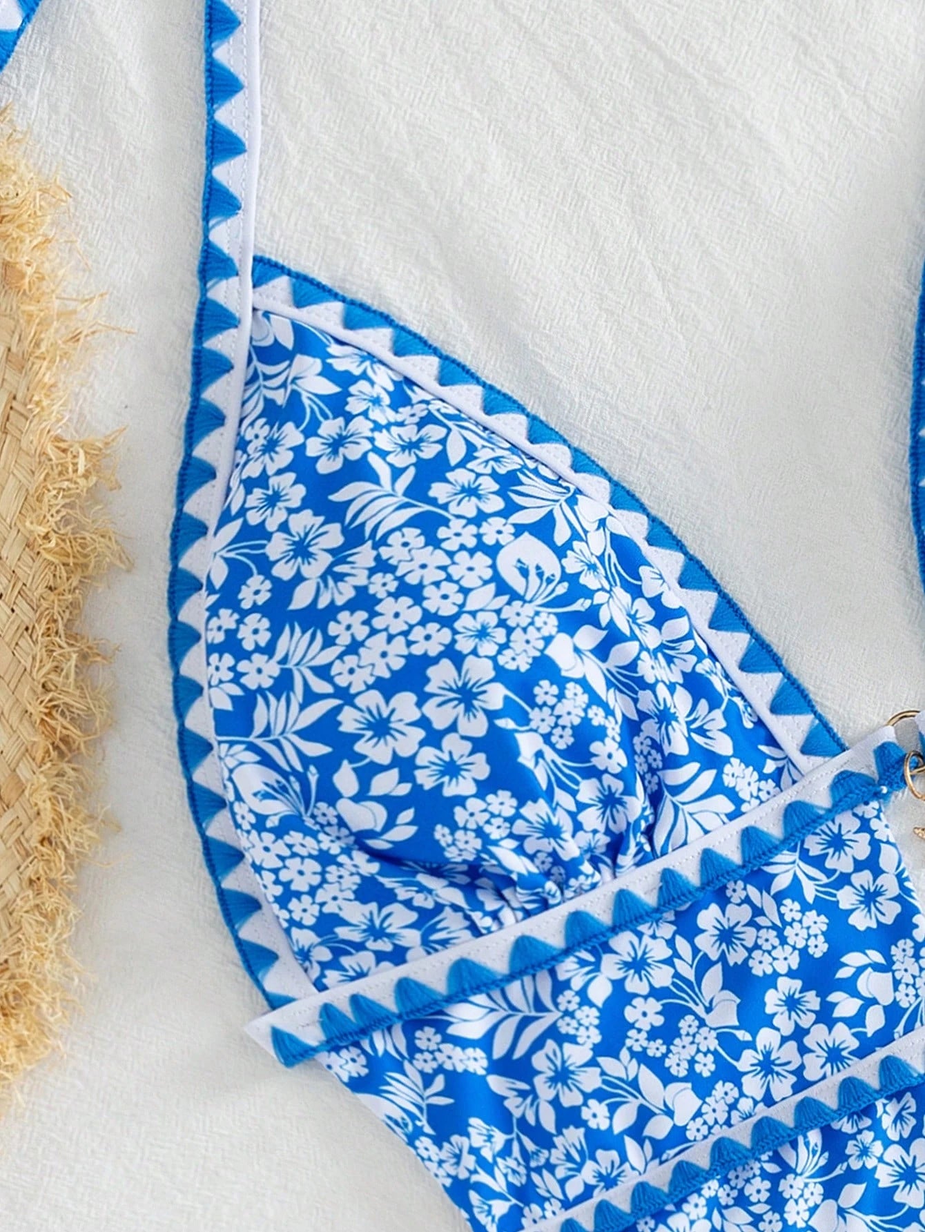 Swim Mod Women's Elegant Blue Floral One Piece Swimsuit,Summer Boho Beach Holiday Halter Monokini With Starfish Charm & Zigzag Trim,Flattering Cutout Monokini