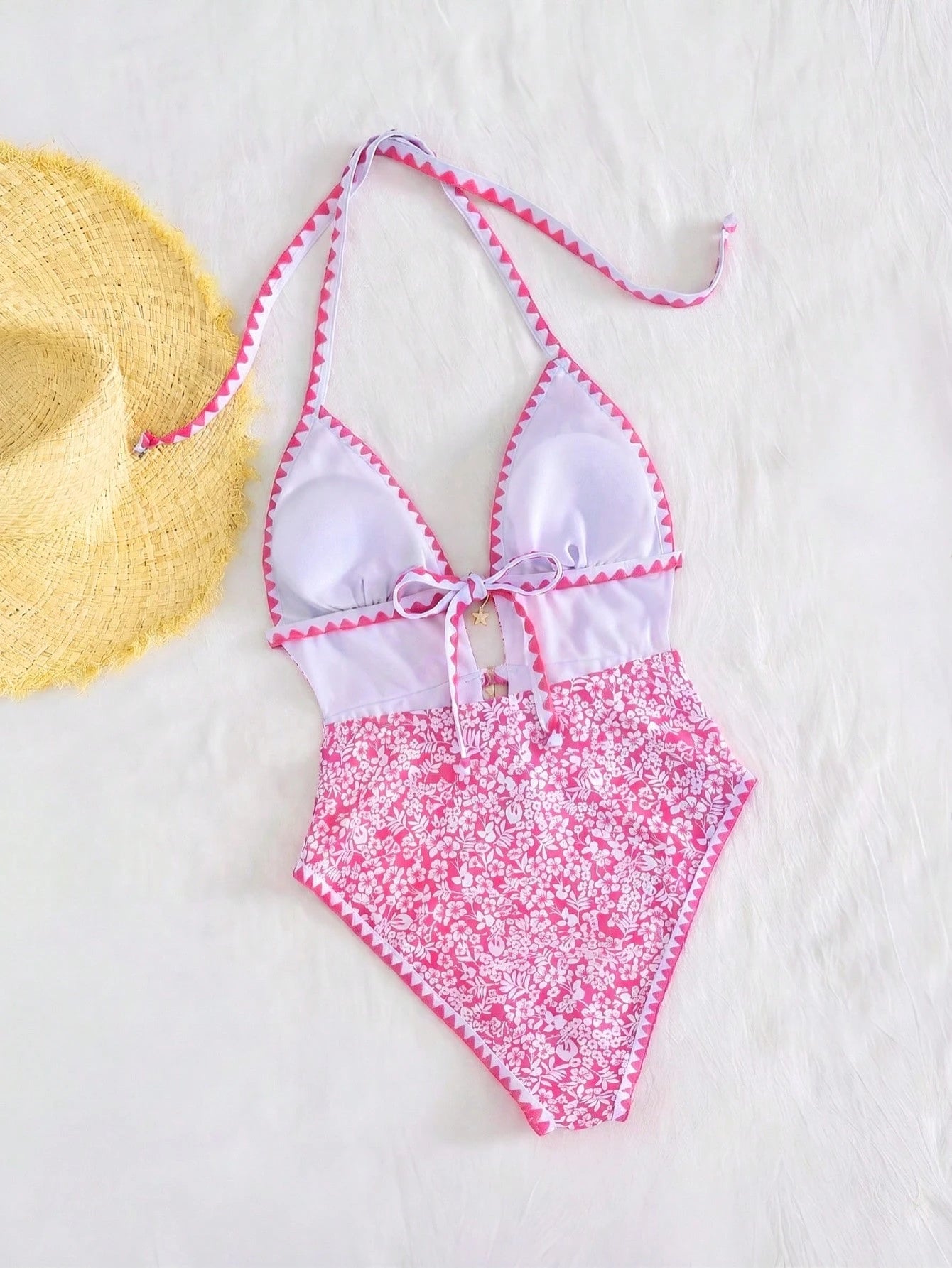 Swim Mod Women's Elegant Blue Floral One Piece Swimsuit,Summer Boho Beach Holiday Halter Monokini With Starfish Charm & Zigzag Trim,Flattering Cutout Monokini