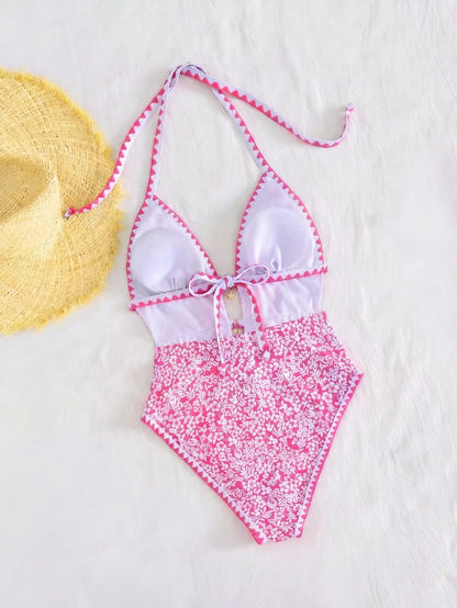 Swim Mod Women's Elegant Blue Floral One Piece Swimsuit,Summer Boho Beach Holiday Halter Monokini With Starfish Charm & Zigzag Trim,Flattering Cutout Monokini
