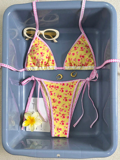 Swim Mod Women's Halter Bikini Two Pieces Swimwear Striped Gingham Trim Yellow Bikini,White,Summer,Cute,Pool Party,Holiday Vacation Tanning Floral Bikini