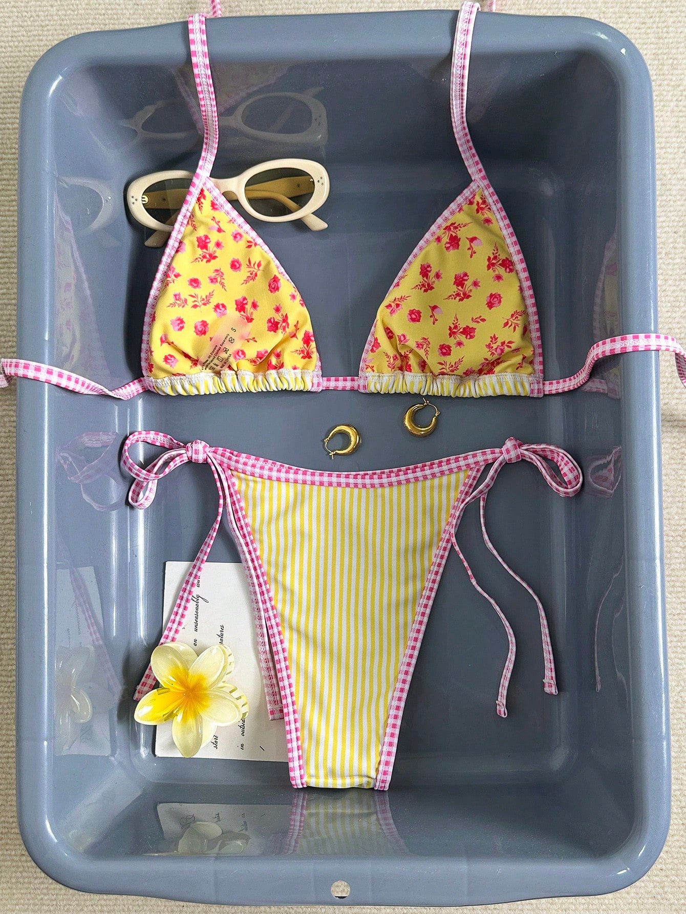 Swim Mod Women's Halter Bikini Two Pieces Swimwear Striped Gingham Trim Yellow Bikini,White,Summer,Cute,Pool Party,Holiday Vacation Tanning Floral Bikini