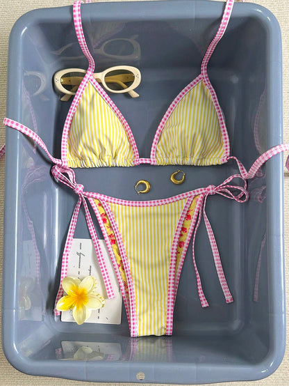 Swim Mod Women's Halter Bikini Two Pieces Swimwear Striped Gingham Trim Yellow Bikini,White,Summer,Cute,Pool Party,Holiday Vacation Tanning Floral Bikini