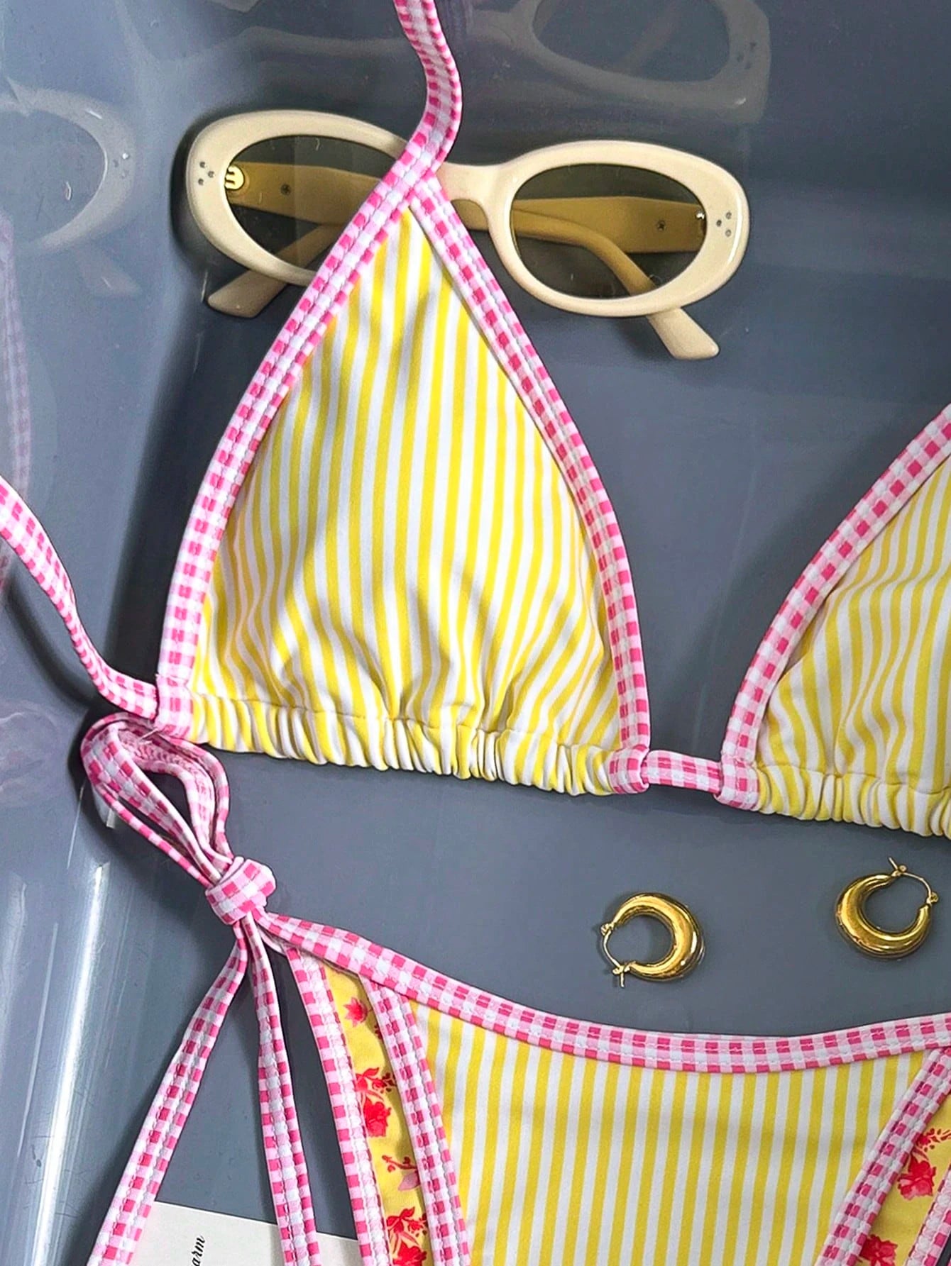 Swim Mod Women's Halter Bikini Two Pieces Swimwear Striped Gingham Trim Yellow Bikini,White,Summer,Cute,Pool Party,Holiday Vacation Tanning Floral Bikini
