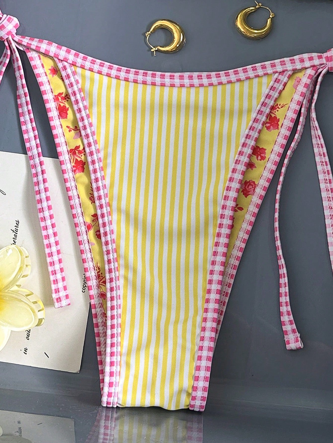 Swim Mod Women's Halter Bikini Two Pieces Swimwear Striped Gingham Trim Yellow Bikini,White,Summer,Cute,Pool Party,Holiday Vacation Tanning Floral Bikini