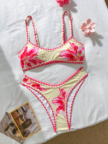 Swim Mod Women's Micro Bikini Pink Floral Print Contrast Trim Swimwear Set,Summer Casual Holiday Vacation Beach Outfit,Cute Fashionable Resort Ladies
