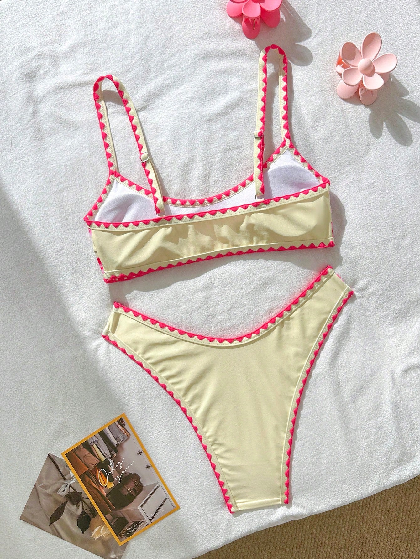 Swim Mod Women's Micro Bikini Pink Floral Print Contrast Trim Swimwear Set,Summer Casual Holiday Vacation Beach Outfit,Cute Fashionable Resort Ladies
