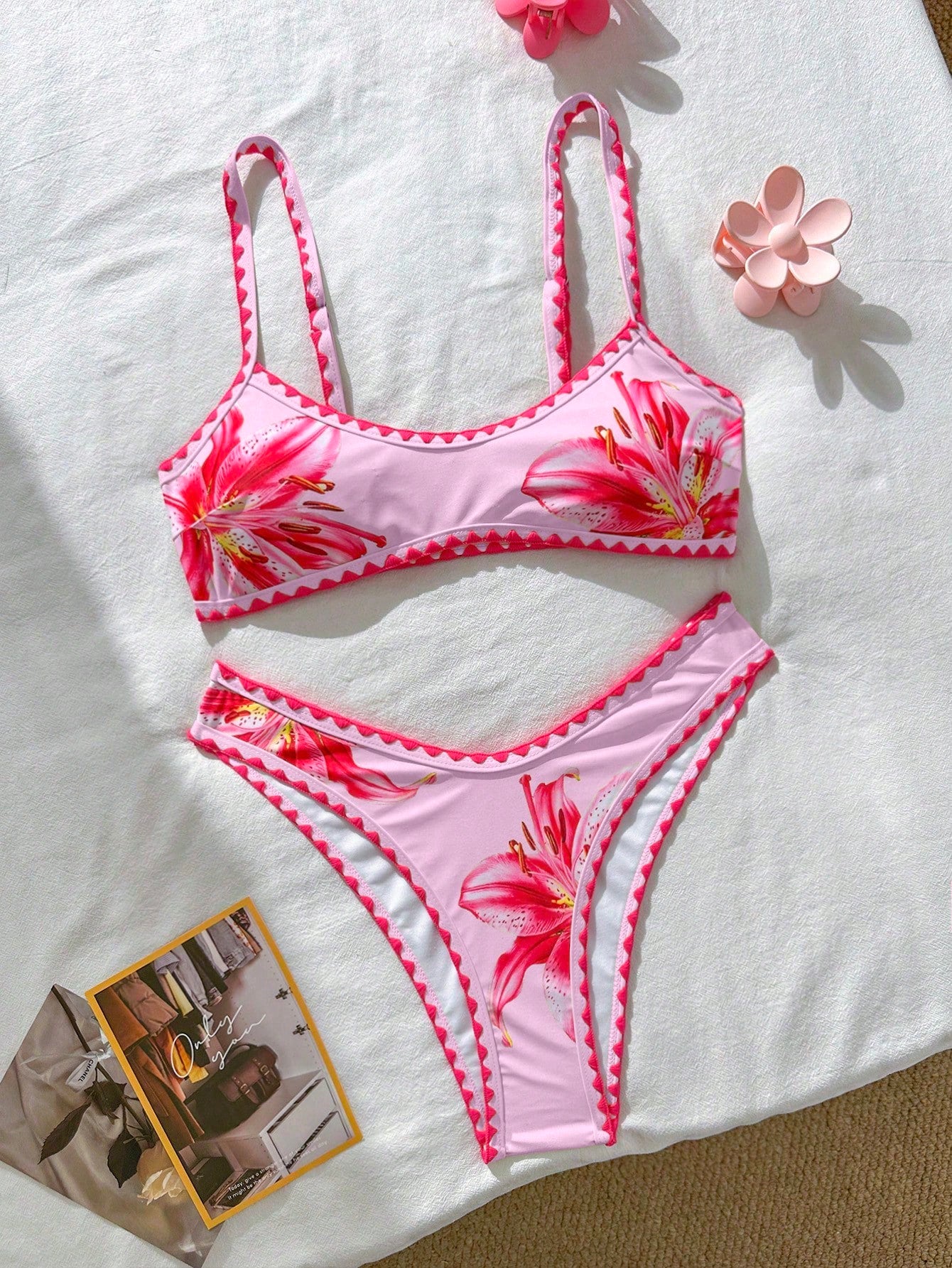 Swim Mod Women's Micro Bikini Pink Floral Print Contrast Trim Swimwear Set,Summer Casual Holiday Vacation Beach Outfit,Cute Fashionable Resort Ladies