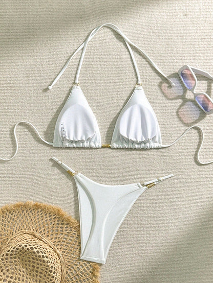 Swim Mod Women's Micro Bikini Set- Halter Neck Backless Top And Thong Bottom Summer Beach Pool Party White Sexy