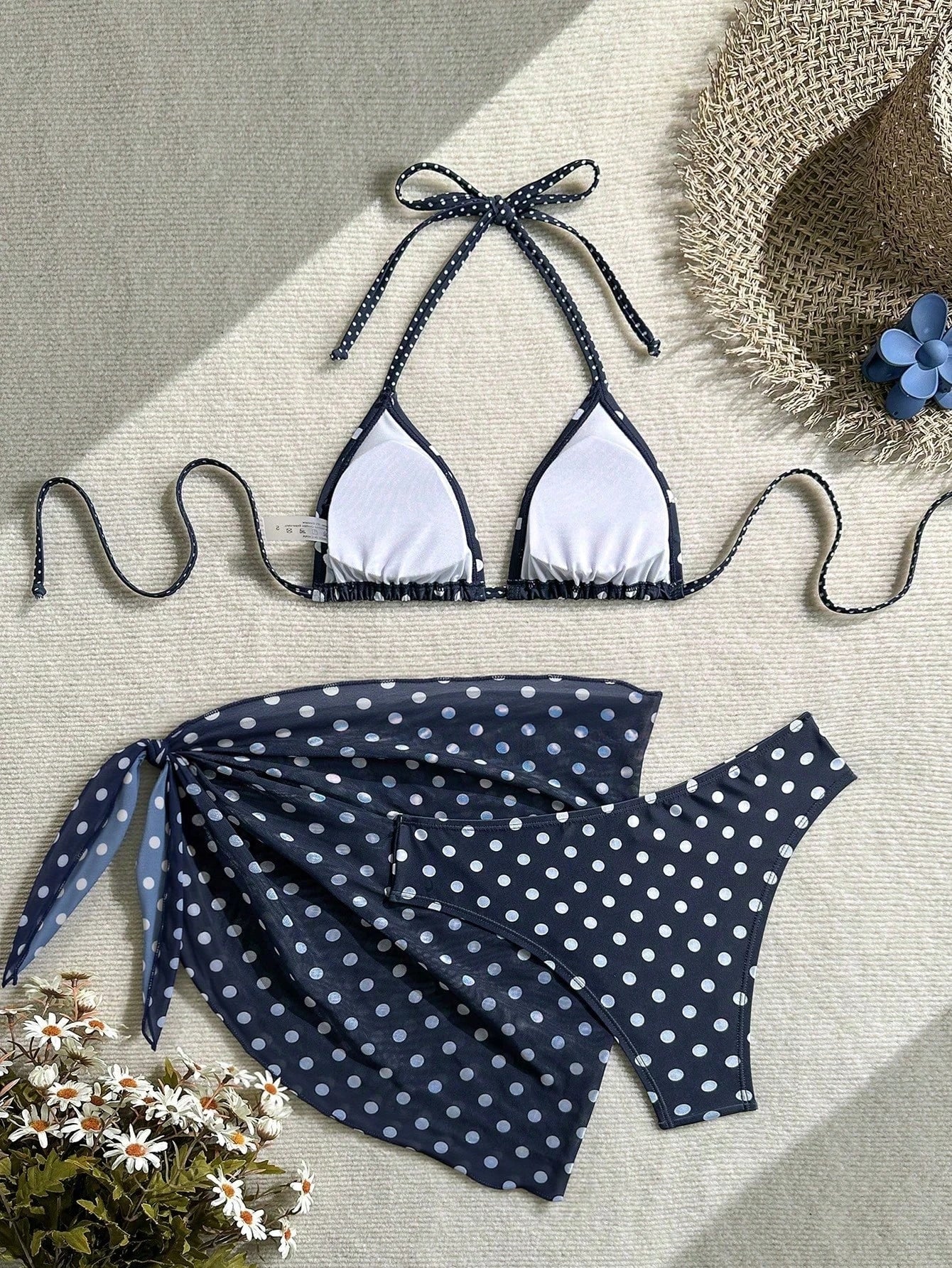 Swim Mod Women's Navy Blue Polka Dot Halter Tie Back Bikini 3-Piece Set With Cover Up,Summer Casual Holiday Vacation Holiday Beach Bathing Suits Swimwear
