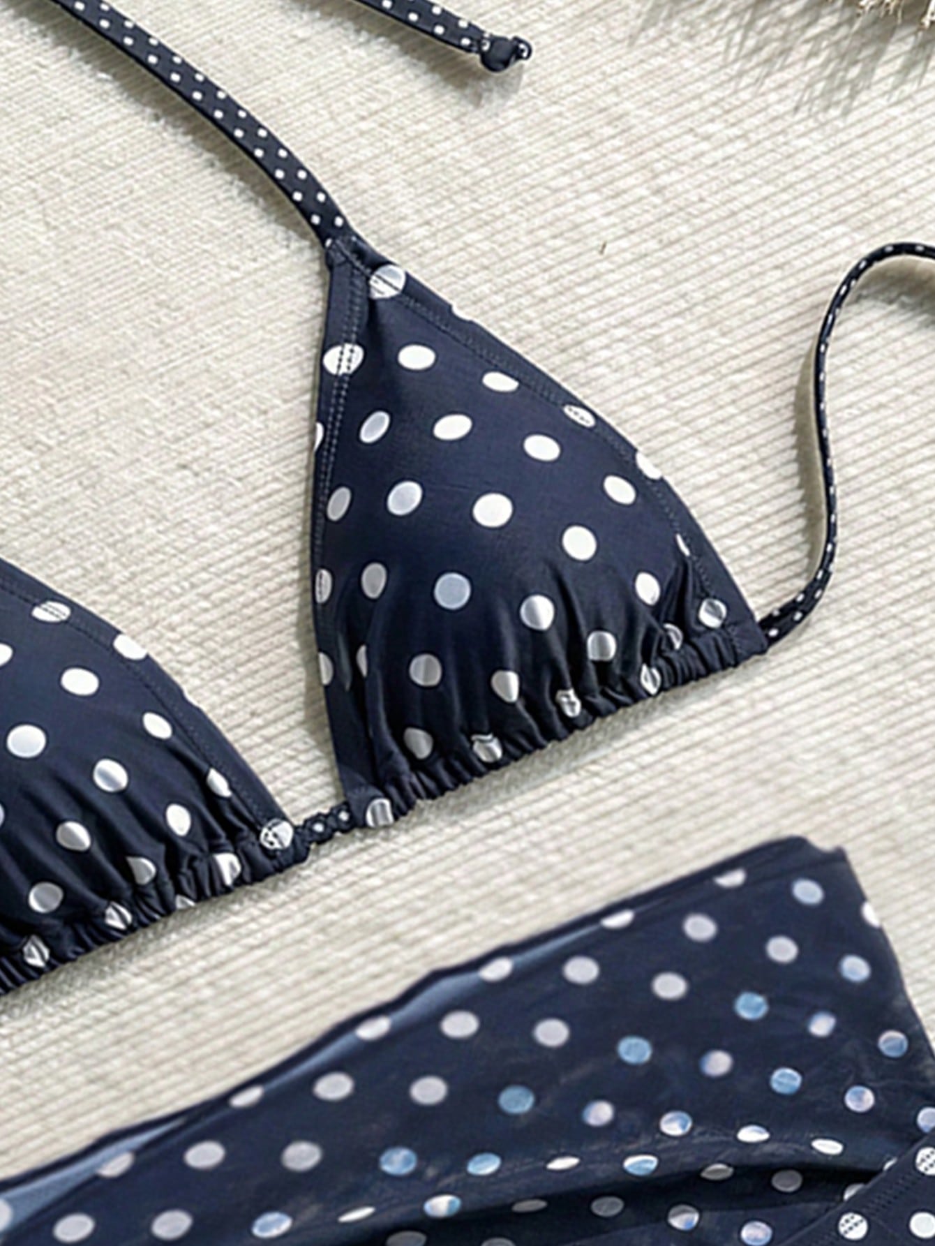 Swim Mod Women's Navy Blue Polka Dot Halter Tie Back Bikini 3-Piece Set With Cover Up,Summer Casual Holiday Vacation Holiday Beach Bathing Suits Swimwear