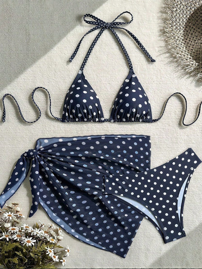 Swim Mod Women's Navy Blue Polka Dot Halter Tie Back Bikini 3-Piece Set With Cover Up,Summer Casual Holiday Vacation Holiday Beach Bathing Suits Swimwear