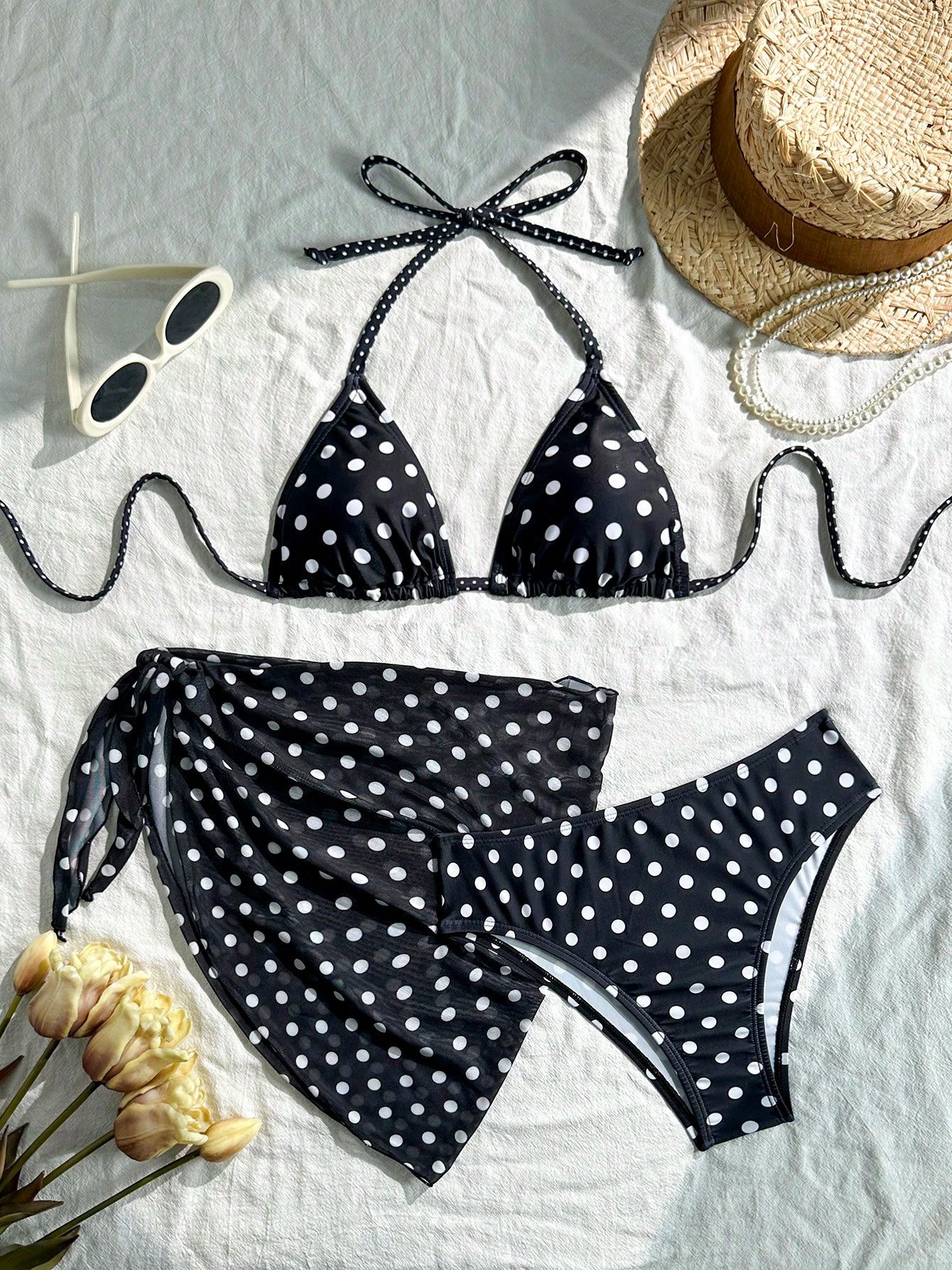 Swim Mod Women's Navy Blue Polka Dot Halter Tie Back Bikini 3-Piece Set With Cover Up,Summer Casual Holiday Vacation Holiday Beach Bathing Suits Swimwear