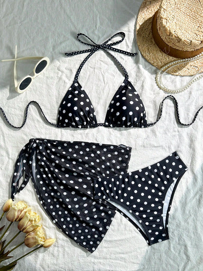 Swim Mod Women's Navy Blue Polka Dot Halter Tie Back Bikini 3-Piece Set With Cover Up,Summer Casual Holiday Vacation Holiday Beach Bathing Suits Swimwear