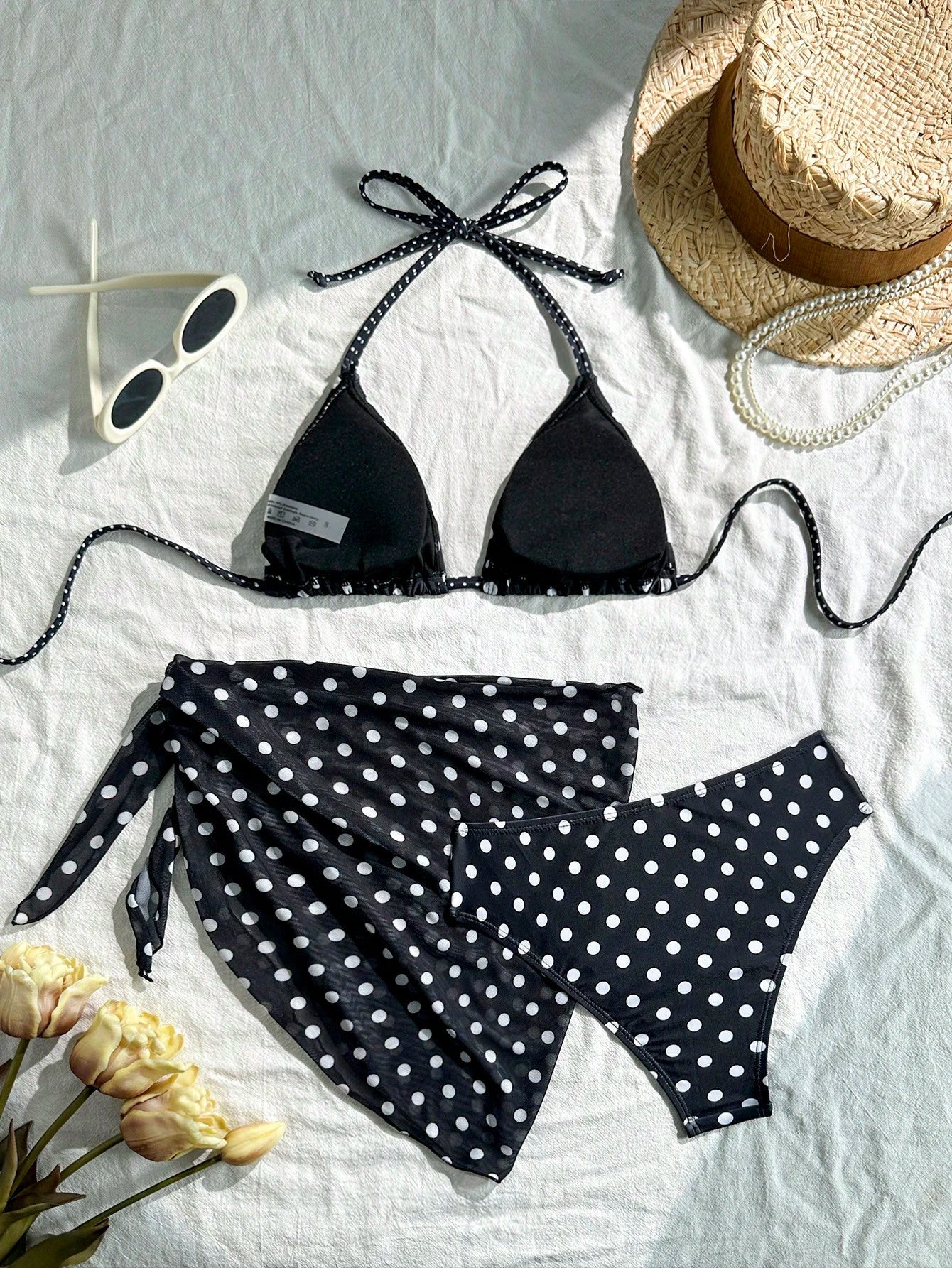 Swim Mod Women's Navy Blue Polka Dot Halter Tie Back Bikini 3-Piece Set With Cover Up,Summer Casual Holiday Vacation Holiday Beach Bathing Suits Swimwear