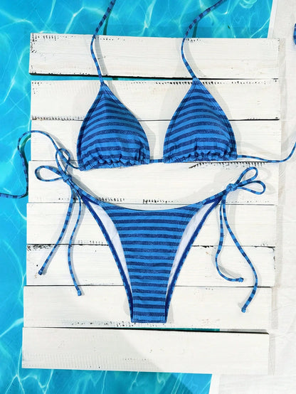Swim Mod Women's Navy Blue Striped Bikini,Summer Casual Beach Party Holiday Vacation Two Pieces Swimwear Side Tie Halter Neck Sweet Cute Tanning Swimsuit