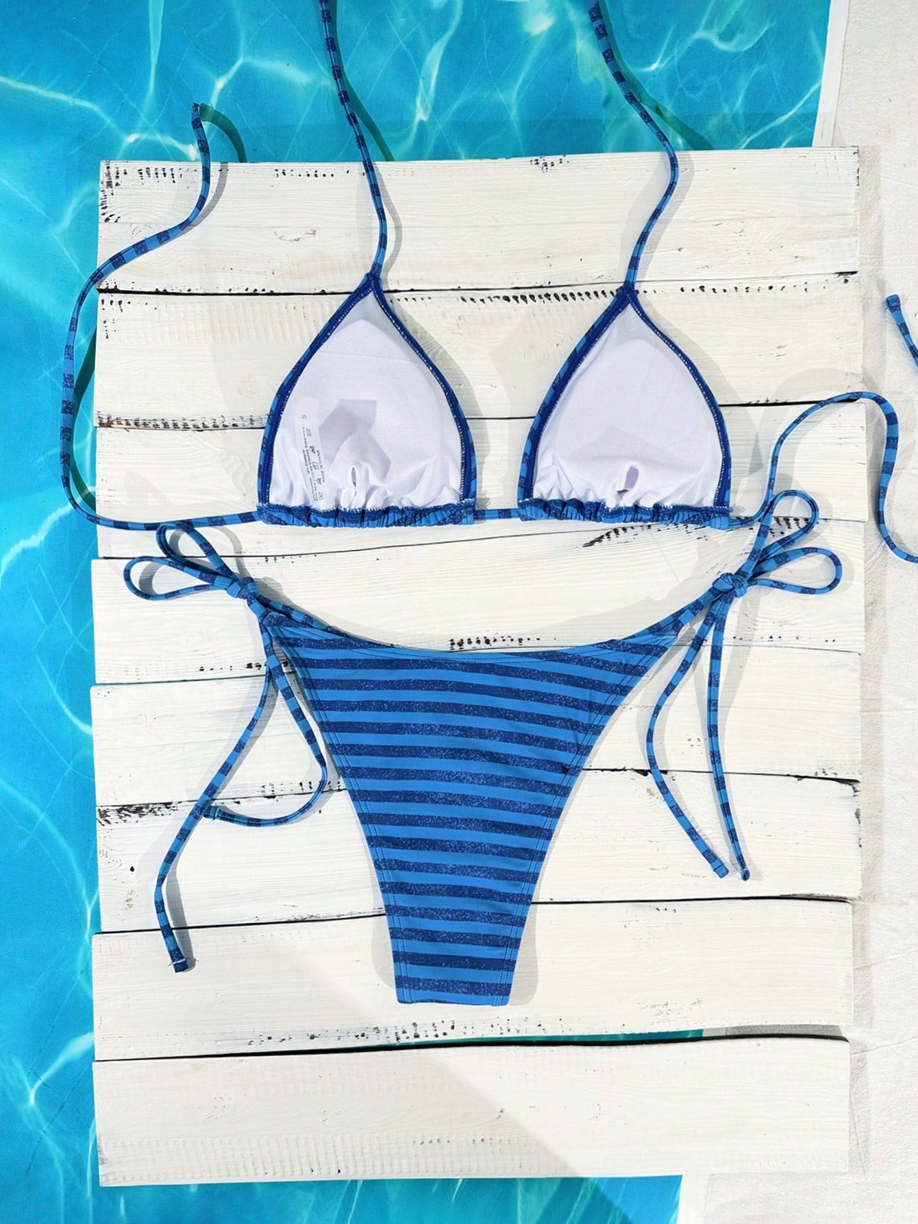 Swim Mod Women's Navy Blue Striped Bikini,Summer Casual Beach Party Holiday Vacation Two Pieces Swimwear Side Tie Halter Neck Sweet Cute Tanning Swimsuit