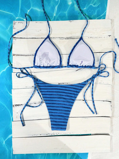 Swim Mod Women's Navy Blue Striped Bikini,Summer Casual Beach Party Holiday Vacation Two Pieces Swimwear Side Tie Halter Neck Sweet Cute Tanning Swimsuit