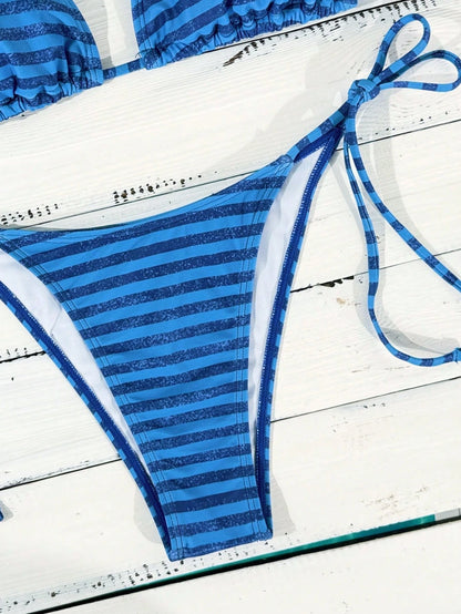 Swim Mod Women's Navy Blue Striped Bikini,Summer Casual Beach Party Holiday Vacation Two Pieces Swimwear Side Tie Halter Neck Sweet Cute Tanning Swimsuit
