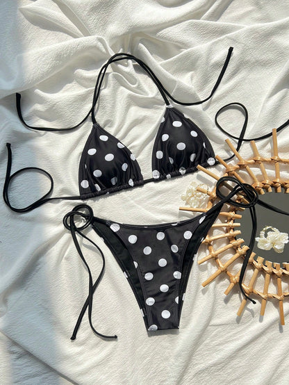 Swim Mod Women's Navy Blue Striped Bikini,Summer Casual Beach Party Holiday Vacation Two Pieces Swimwear Side Tie Halter Neck Sweet Cute Tanning Swimsuit