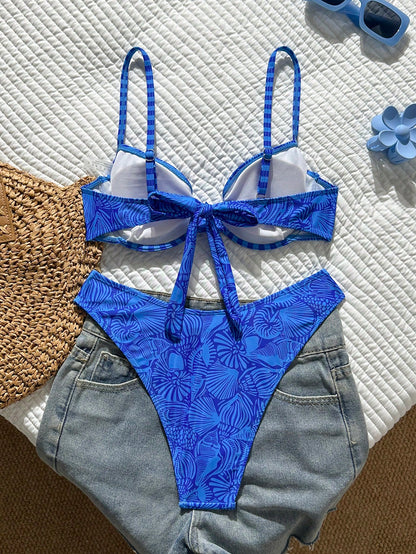 Swim Mod Women's New 2-Piece Geometric Print Spaghetti Strap Top And High-Cut Bottom Sexy Bikini Swimsuit