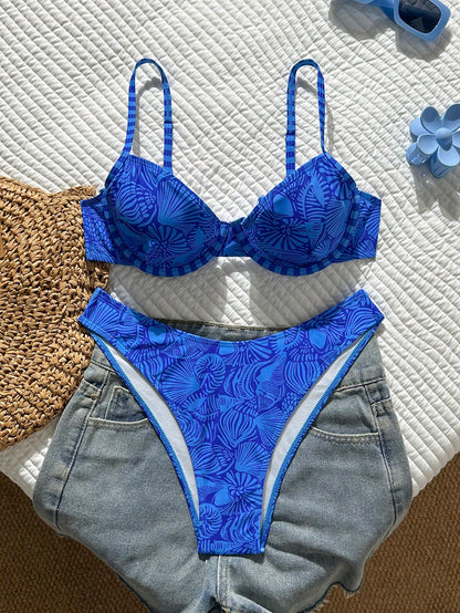Swim Mod Women's New 2-Piece Geometric Print Spaghetti Strap Top And High-Cut Bottom Sexy Bikini Swimsuit