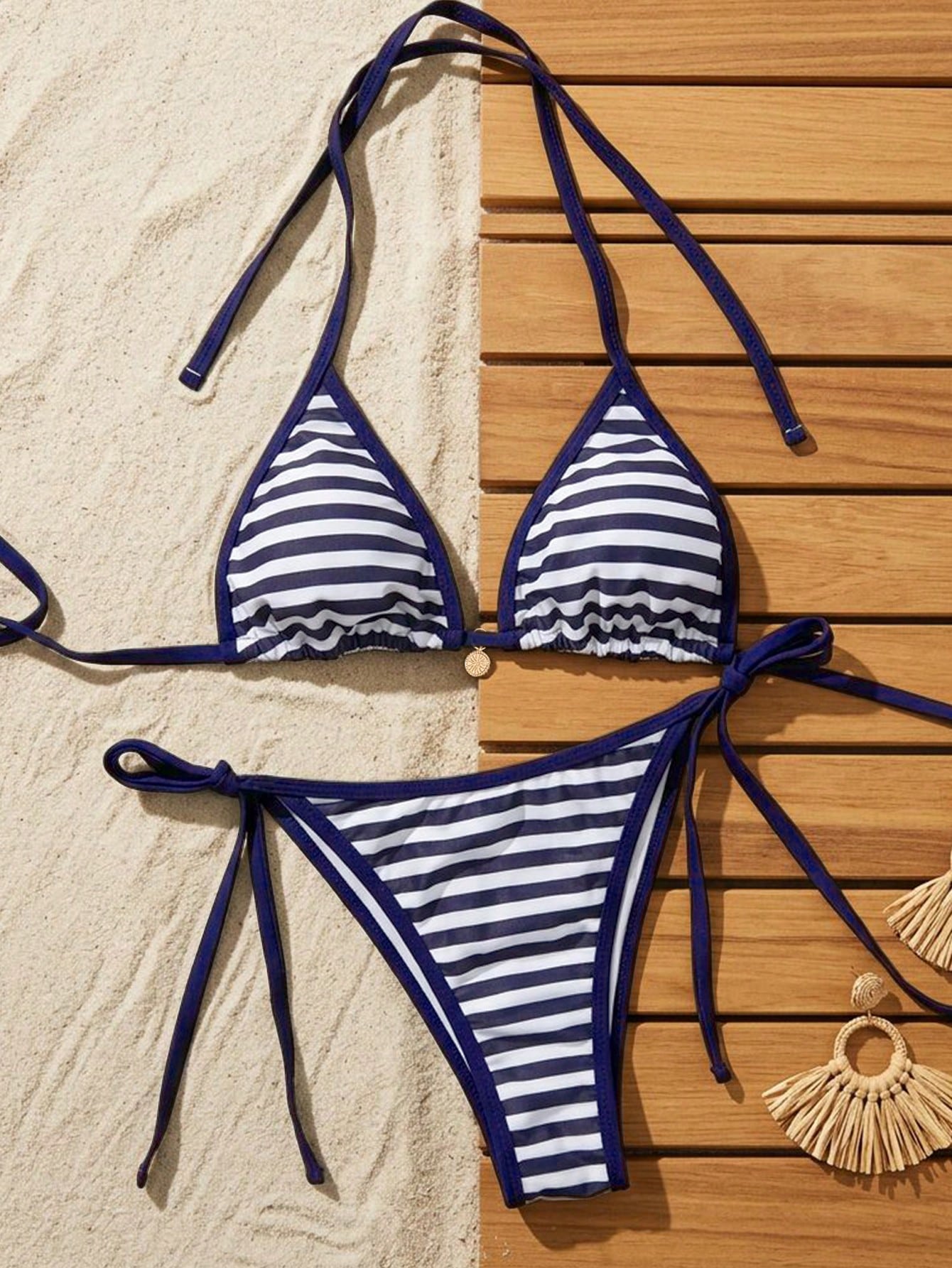 Swim Mod Women's New Striped Print Triangle Cup Bikini Set, Sexy Tie-Up Contrast Color Swimwear 2 Pieces