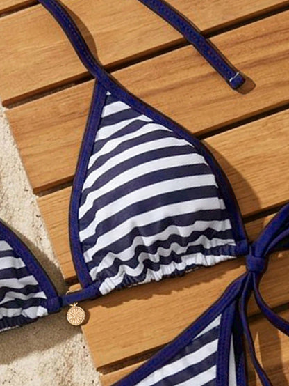 Swim Mod Women's New Striped Print Triangle Cup Bikini Set, Sexy Tie-Up Contrast Color Swimwear 2 Pieces