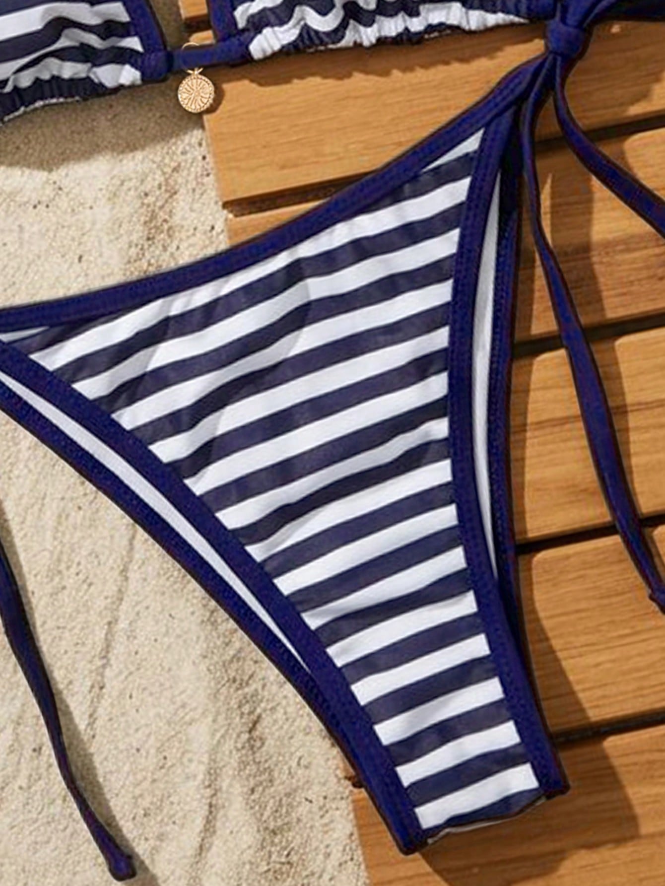 Swim Mod Women's New Striped Print Triangle Cup Bikini Set, Sexy Tie-Up Contrast Color Swimwear 2 Pieces