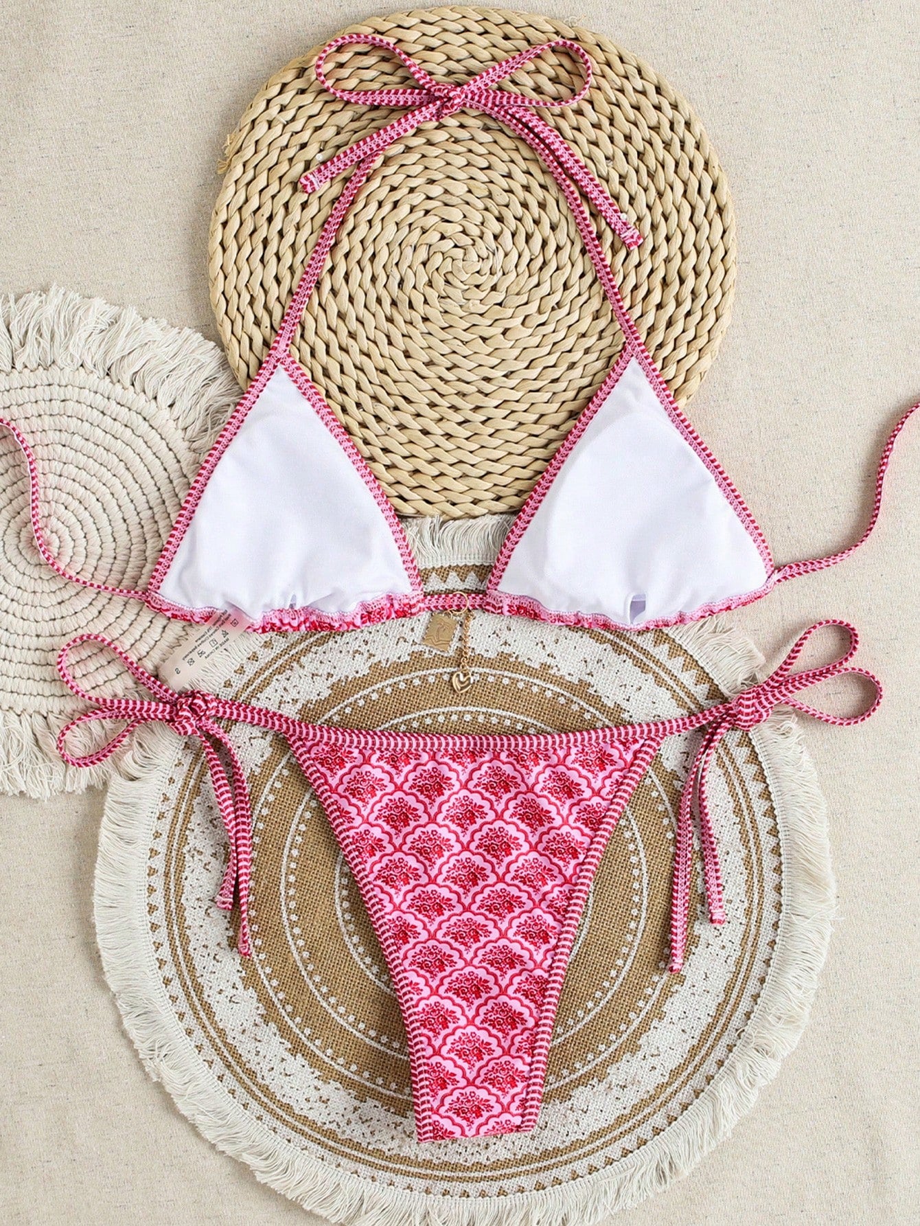 Swim Mod Women's New Striped Print Triangle Cup Bikini Set, Sexy Tie-Up Contrast Color Swimwear 2 Pieces