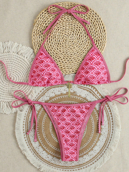 Swim Mod Women's New Striped Print Triangle Cup Bikini Set, Sexy Tie-Up Contrast Color Swimwear 2 Pieces