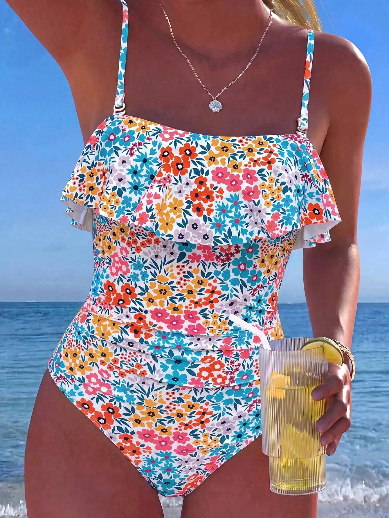 Swim Mod Women's One-Piece Tropical Cute Multicolor Print Hot-Selling Beach Vacation Casual Elegant Valentine's Day Party Bikini One-Piece Swimsuit Women's Holiday Elegant Beach Outfit Swimwear