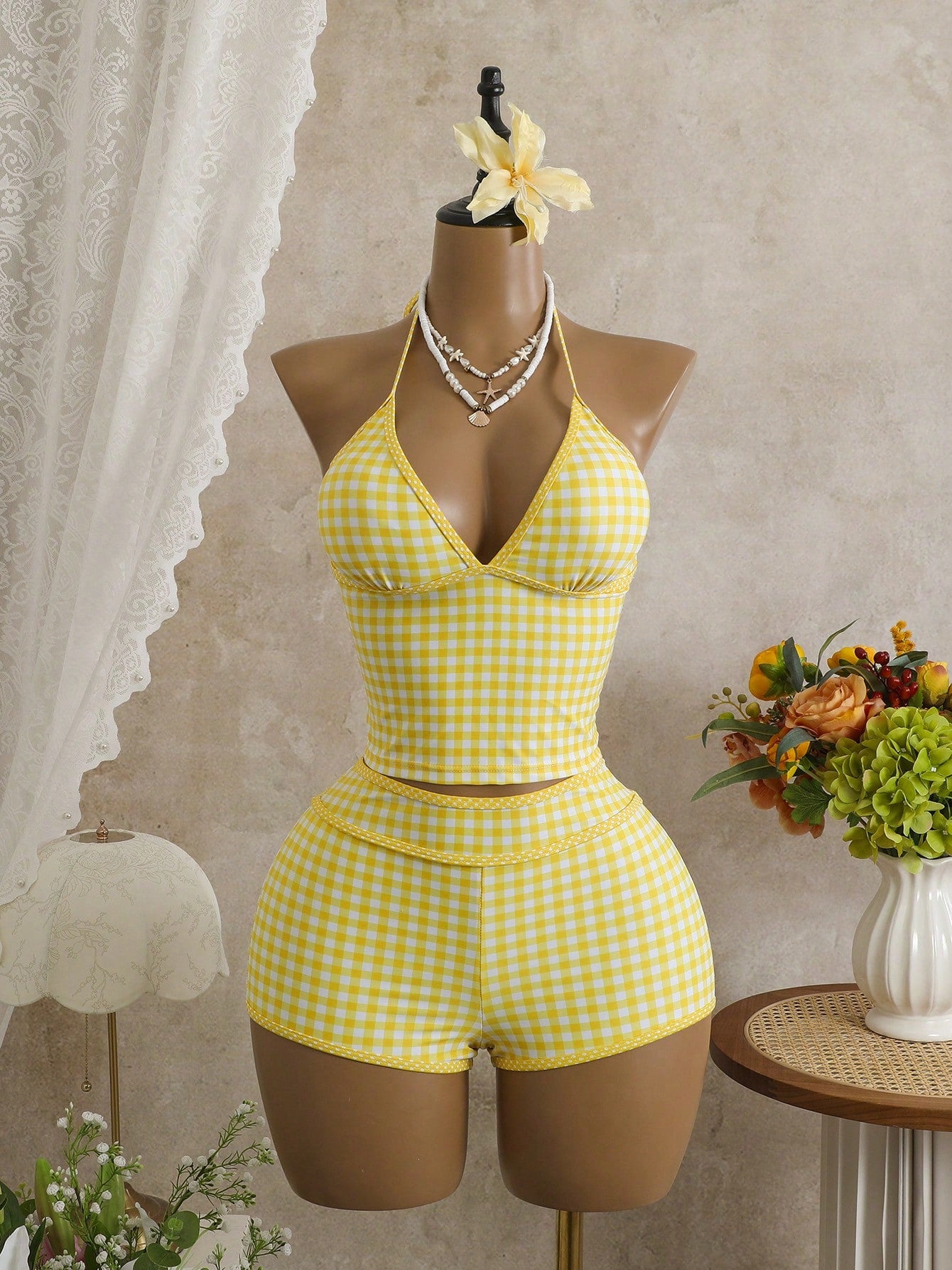 Swim Mod Women's Pink Plaid Halter Tankini Top With Tie Back Detail And Short Bottoms
