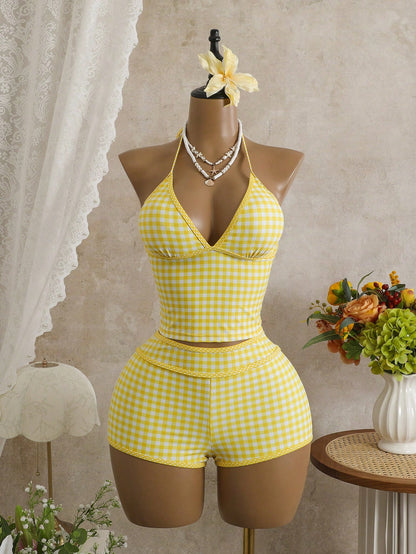 Swim Mod Women's Pink Plaid Halter Tankini Top With Tie Back Detail And Short Bottoms