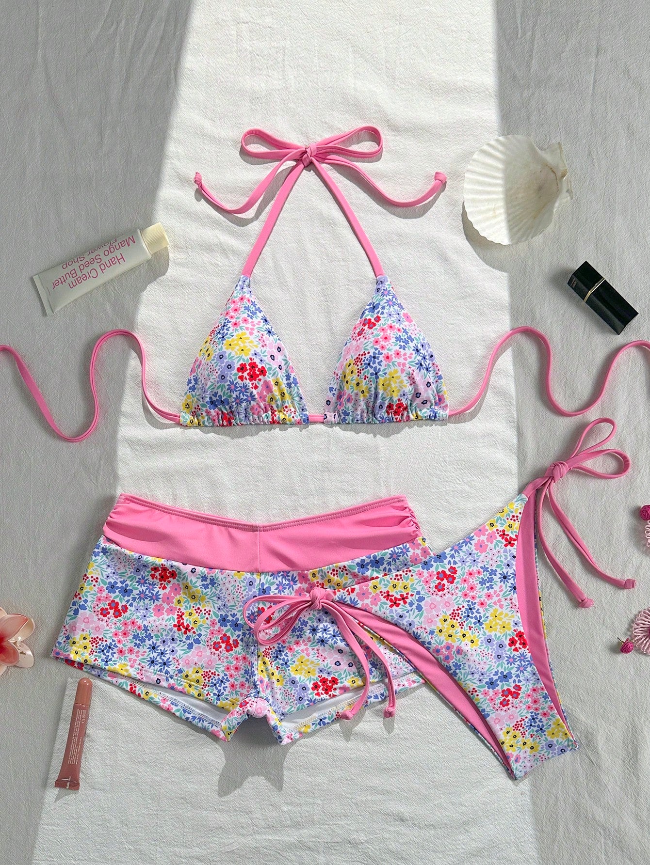 Swim Mod Women's Pink Summer Boho Tropical Beach Vacation Party Polka Dot Floral Print Bow Tie V-Neck Halter Backless Triangle 3-Piece Bikini Swimwear Set