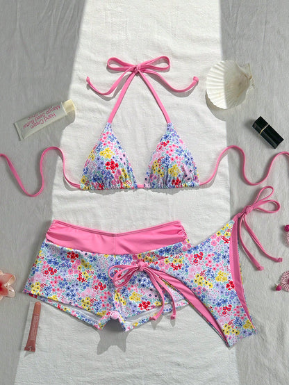 Swim Mod Women's Pink Summer Boho Tropical Beach Vacation Party Polka Dot Floral Print Bow Tie V-Neck Halter Backless Triangle 3-Piece Bikini Swimwear Set