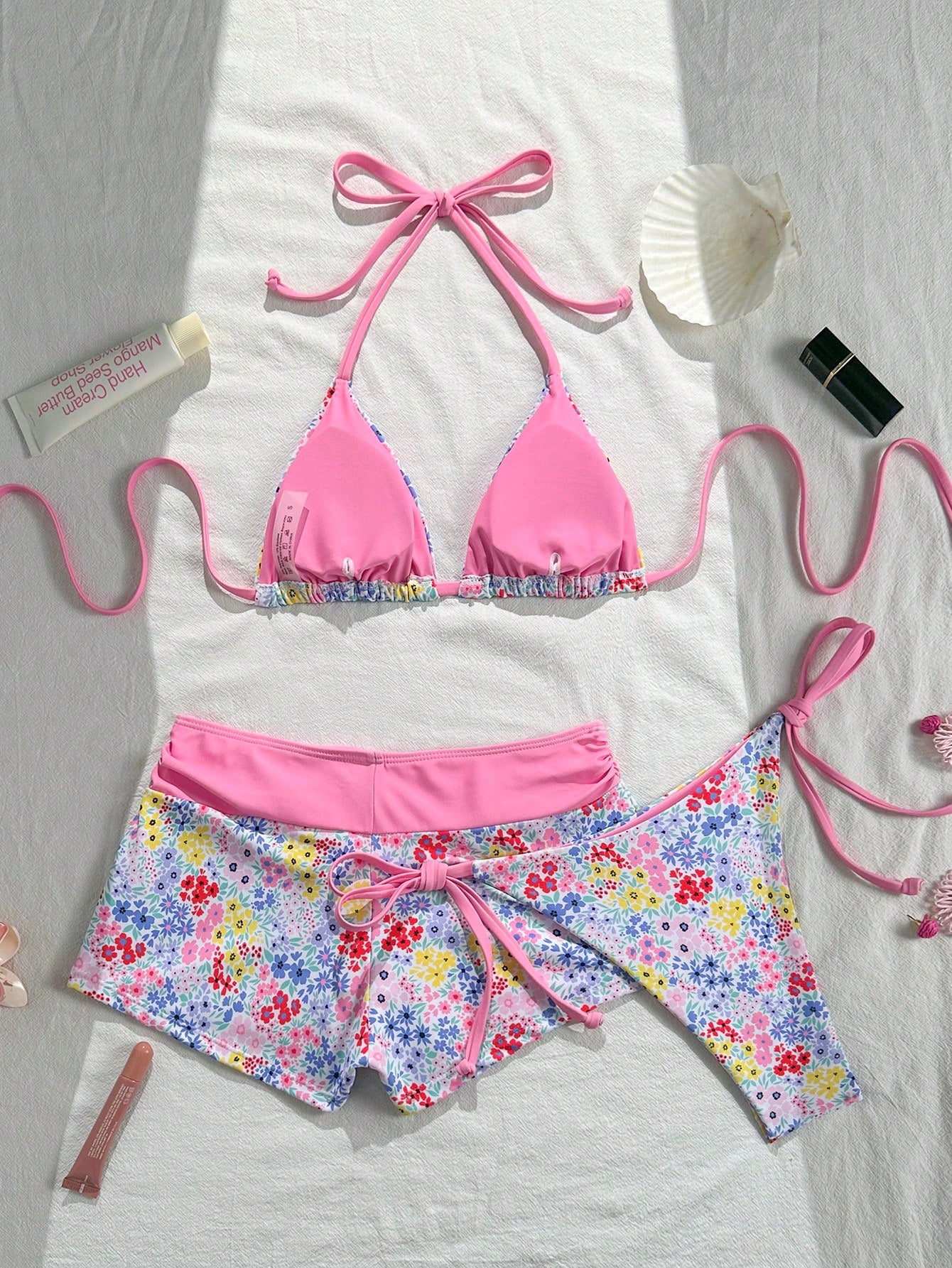Swim Mod Women's Pink Summer Boho Tropical Beach Vacation Party Polka Dot Floral Print Bow Tie V-Neck Halter Backless Triangle 3-Piece Bikini Swimwear Set