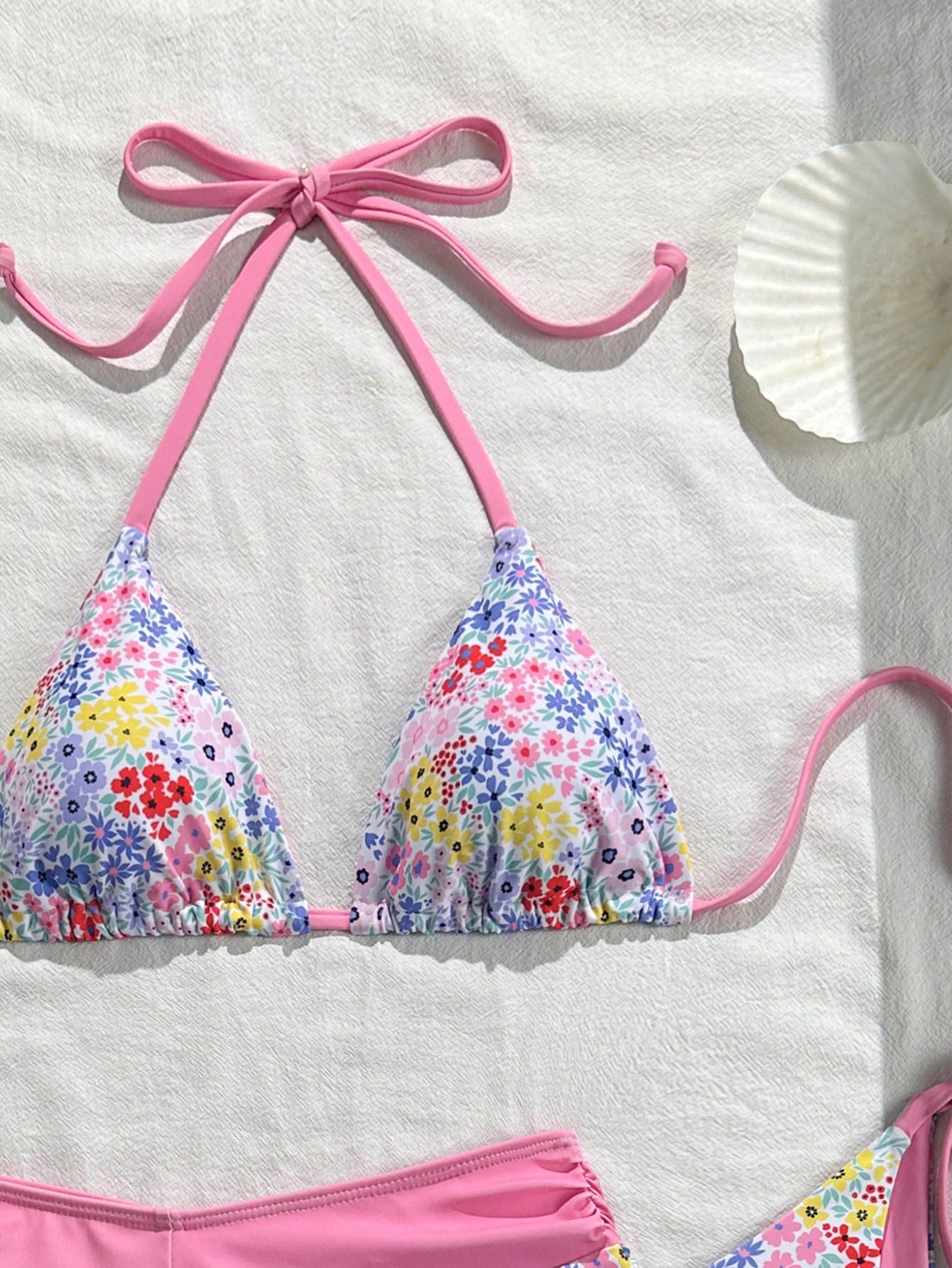 Swim Mod Women's Pink Summer Boho Tropical Beach Vacation Party Polka Dot Floral Print Bow Tie V-Neck Halter Backless Triangle 3-Piece Bikini Swimwear Set