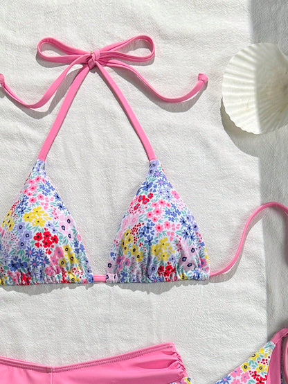 Swim Mod Women's Pink Summer Boho Tropical Beach Vacation Party Polka Dot Floral Print Bow Tie V-Neck Halter Backless Triangle 3-Piece Bikini Swimwear Set