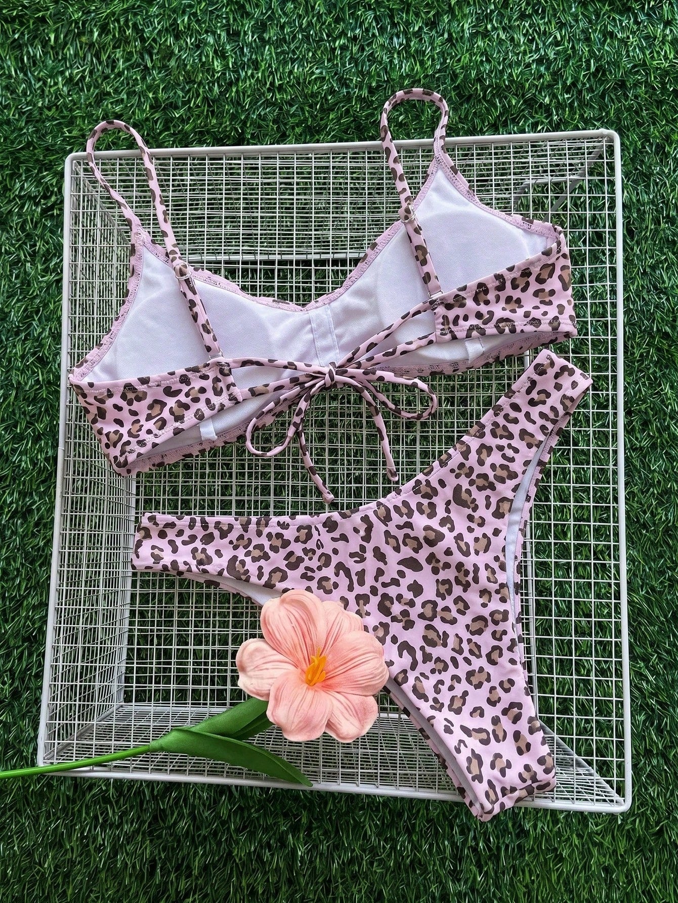 Swim Mod Women's Pink Zebra Print Plaid Cute Girl Ruffle Trim Tie Strap Narrow Bandeau Bikini Set Beach Party Summer Sexy Tropical