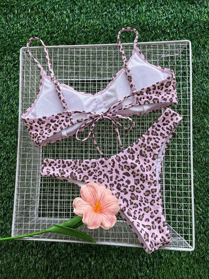 Swim Mod Women's Pink Zebra Print Plaid Cute Girl Ruffle Trim Tie Strap Narrow Bandeau Bikini Set Beach Party Summer Sexy Tropical