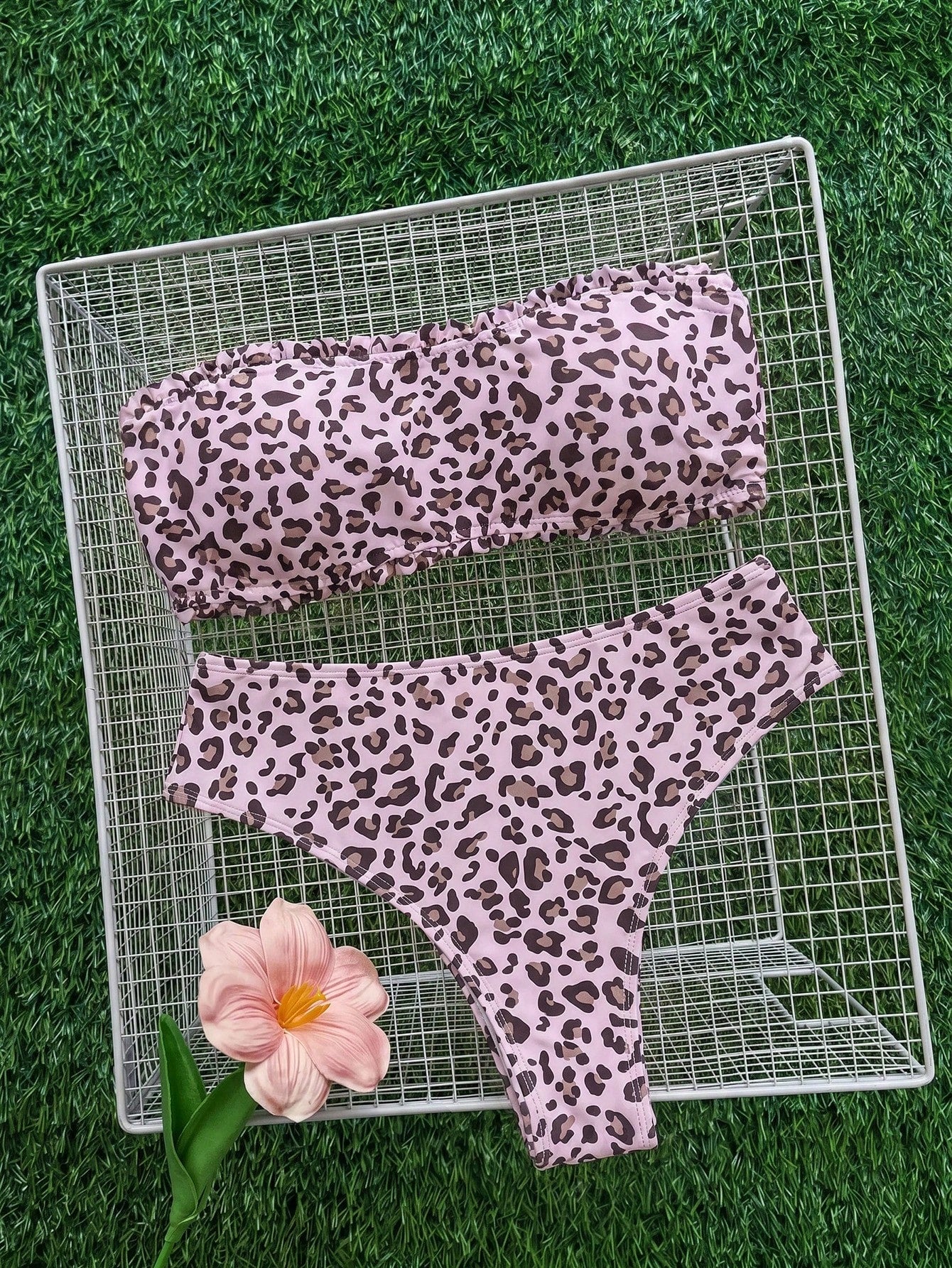Swim Mod Women's Pink Zebra Print Plaid Cute Girl Ruffle Trim Tie Strap Narrow Bandeau Bikini Set Beach Party Summer Sexy Tropical