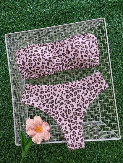Swim Mod Women's Pink Zebra Print Plaid Cute Girl Ruffle Trim Tie Strap Narrow Bandeau Bikini Set Beach Party Summer Sexy Tropical