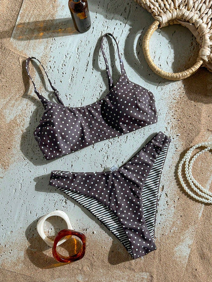 Swim Mod Women's Polka Dot & Striped Print Random Bikini 2-Piece Swimwear Set, Casual Beach Holiday Sexy Swimwear For Pool Party